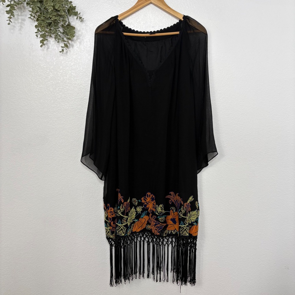 French Connection Black Embroidered Floral Fringe Dress Size 10